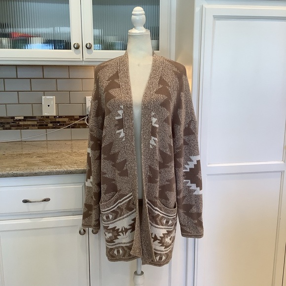 Lucky Brand Brown White Cozy Open Front Cardigan Sz Large - Picture 1 of 8